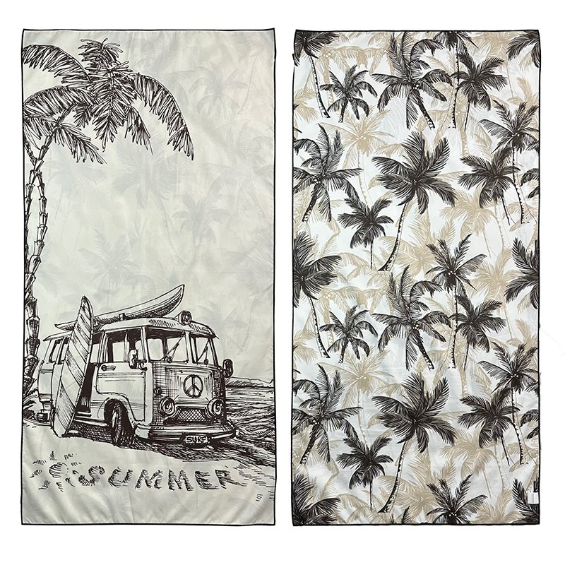 Two printed beach towels: surf van with palm trees and full palm print